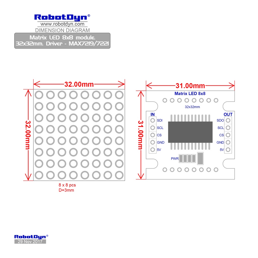 RobotDyn MAX 7219 MAX 7221 LED Matrix 8x8 32x32mm Dot Matrix