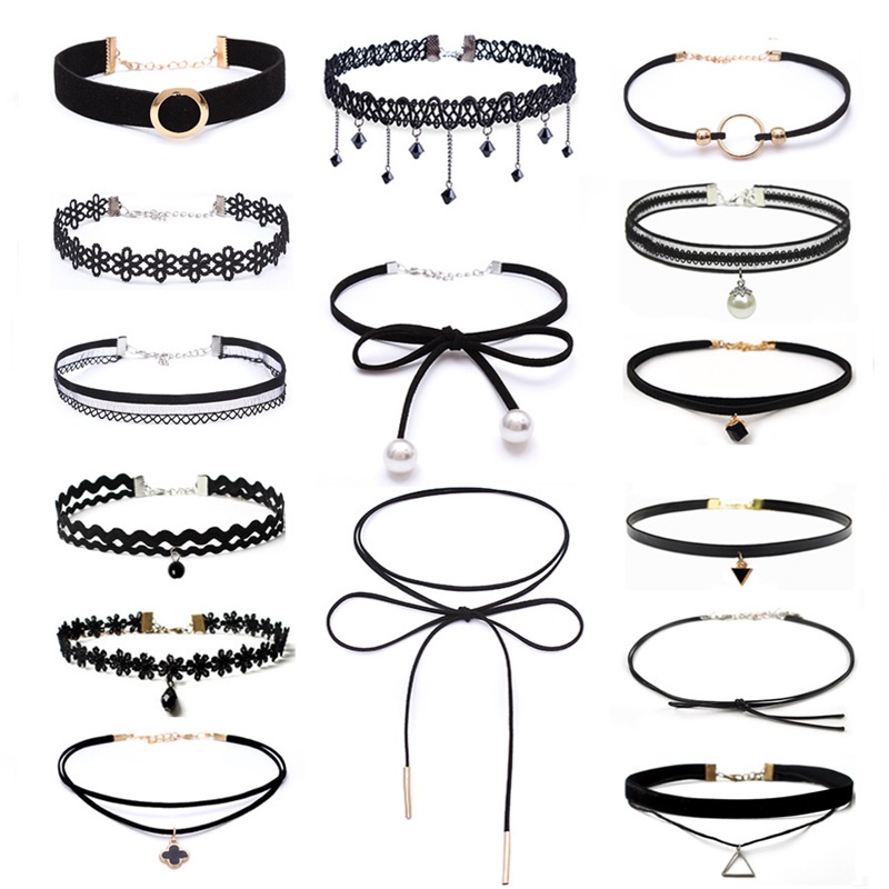 15pcs / Set Kalung choker Rantai Klavikula Bahan Lace Untuk Wanita