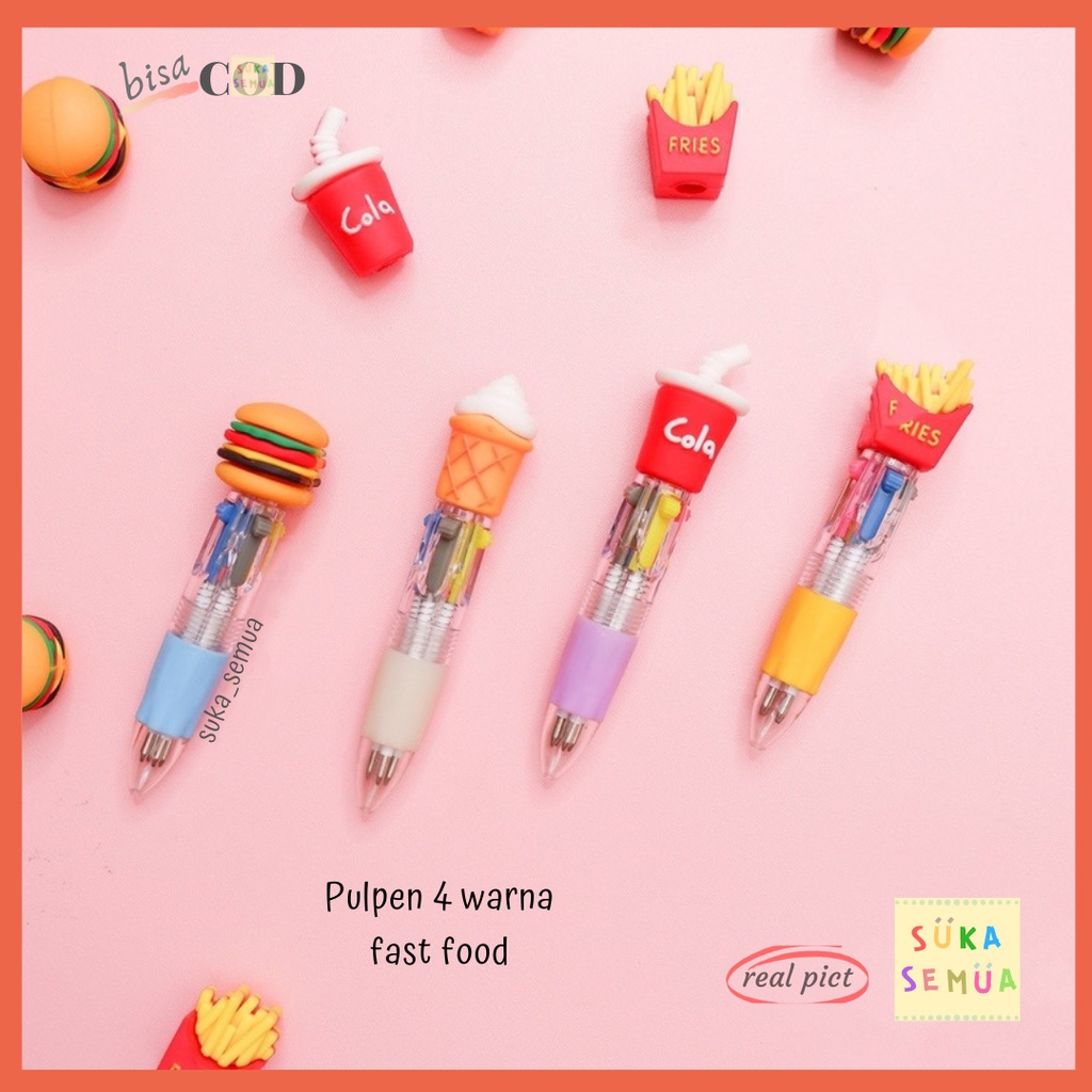 

Pulpen 4 Warna Fast Food / Pena Pen Bolpen Gelpen Pendek Banyak Makanan Burger Es Krim , Ice Cream Cone , Soft Drink Cola , Kentang Goreng French Fries - Junk Food - alat tulis sekolah lucu imut kekinian - COD ( GoSend Bandung )