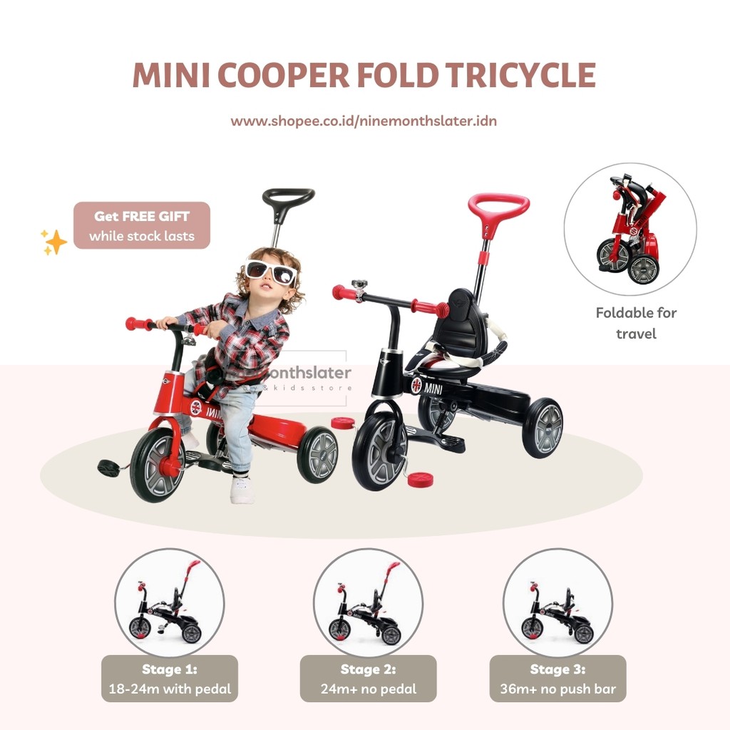 Rastar Mini Cooper Tricycle Balance Bike Fold 12" Kids Sepeda Anak Kecil Latih Roda Tiga