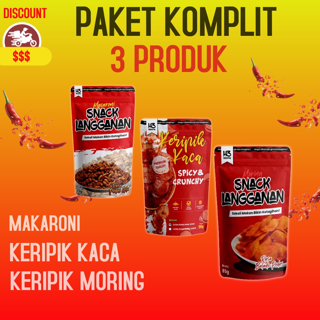 

PAKET KOMPLIT 3PCS - Cemilan Kripik Kaca Makaroni Molring Pedas Daun Jeruk by Snacklangganan