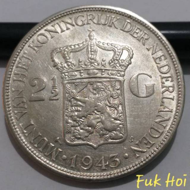SWILH2.5G-1.. 1 PC KOIN PERAK KUNO ASLI 2.5 GULDEN WILHELMINA TH 1943. -- SILVER COIN --