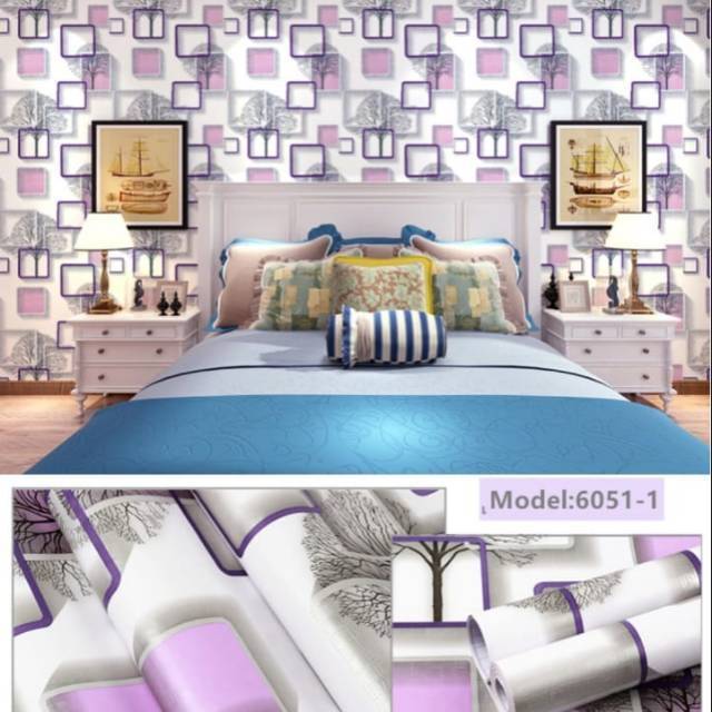 WALLPAPER DINDING MOTIF POHON KOTAK UNGU 10m x 45cm