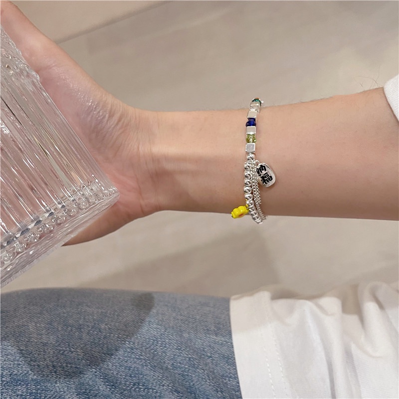 Gelang Tangan Alloy Aksen Manik-Manik Bunga Warna-Warni Untuk Wanita