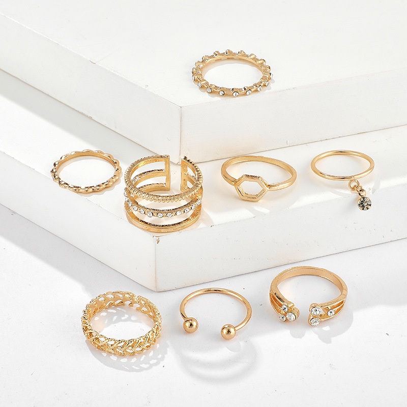 [ACKER] 8Pcs Mode Pribadi Berlian Geometric Gold Rings Joint Tail Set Cincin Untuk Wanita