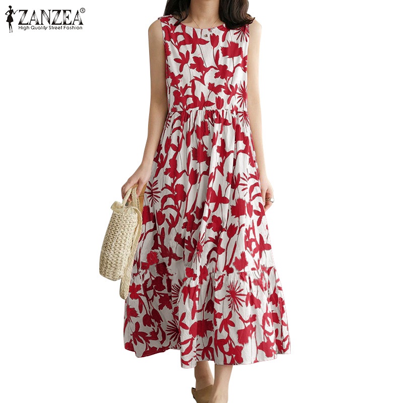 ZANZEA Women Fashion Crew Neck Sleeveless Flowers Printed  Swing Casual Midi Dress