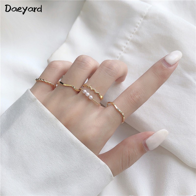 5pcs / set Cincin Geometris Adjustable Bahan Metal Hias Mutiara Untuk Wanita