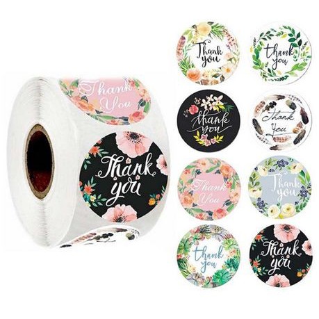 Paper Tags - 1&quot; Floral Round &quot;Thank You&quot; Sticker #04 (10 Pcs)