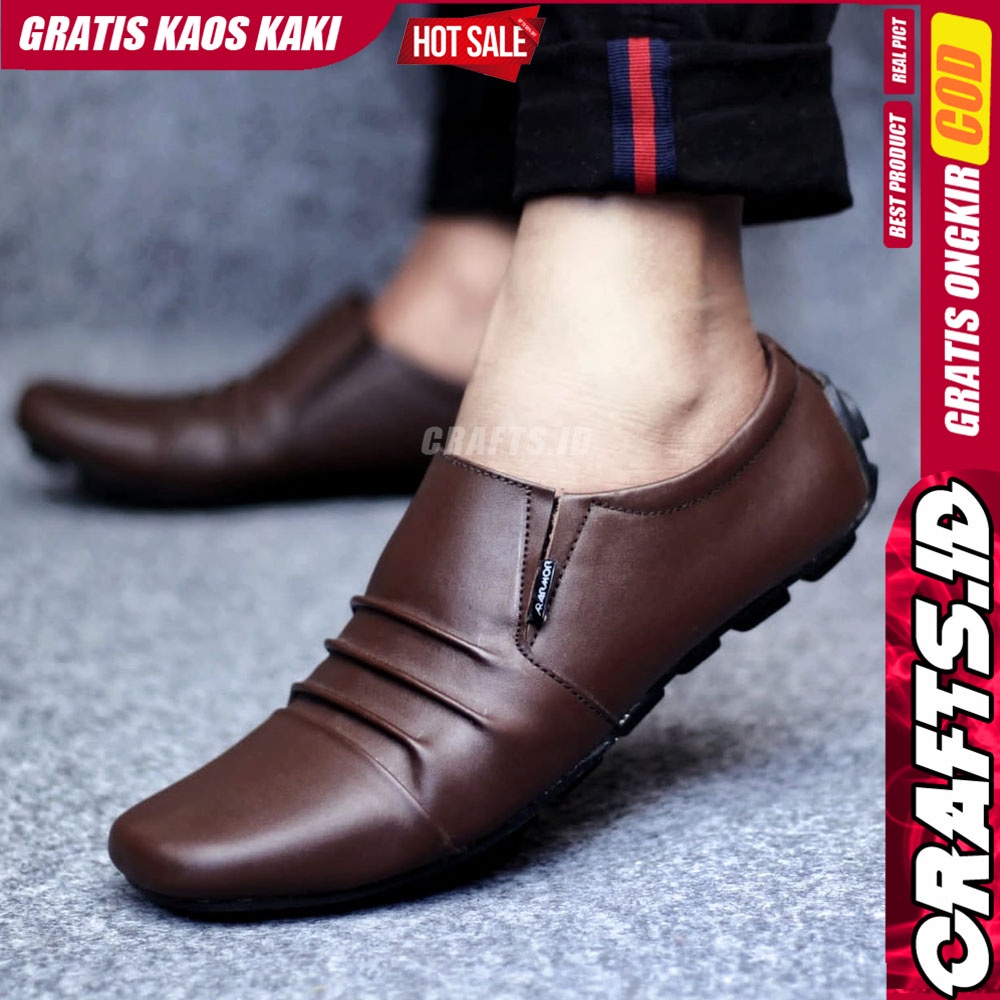 CRAFTS FOLD Sepatu Formal Casual Pantofel Kerja Pria Kulit Asli Hitam - Coklat