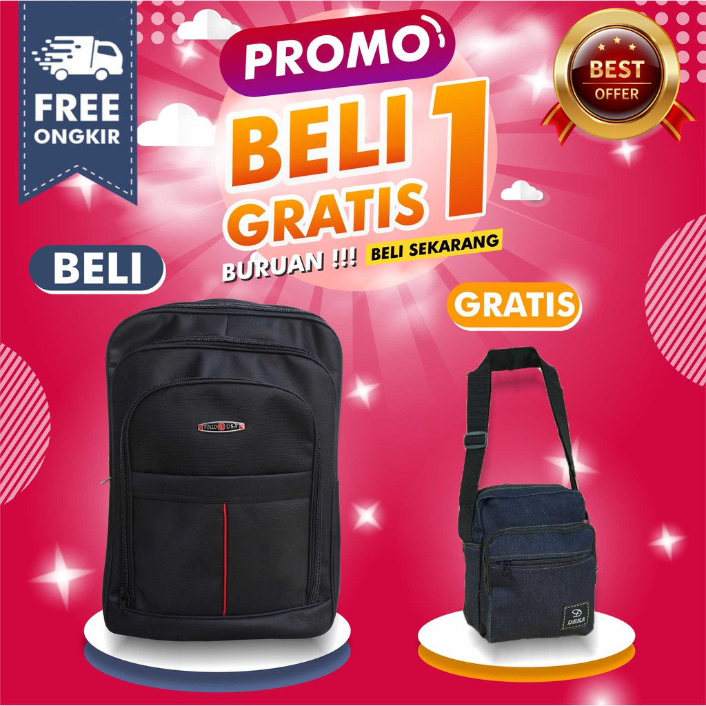 BELI 1 GRATIS 1 Backpack Gendong Pria Tas SMP SMA Polo Keren Awet Free Selempang Distro Hangout Cowo