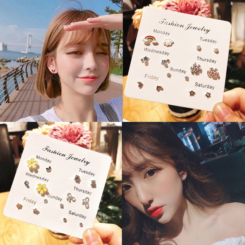 [6 piece set] Earrings Girls Student Simple Korean Cute Set Personality Earrings