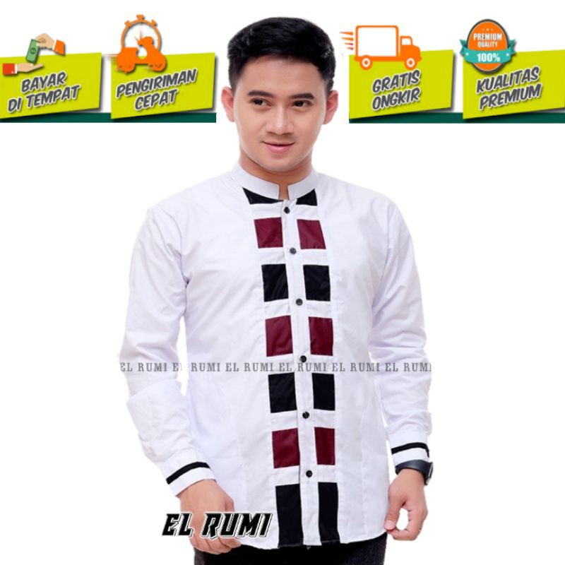 Elrumi Series Baju Koko Lengan Panjang Putih Kotak Kotak Seragam Hadroh Murah