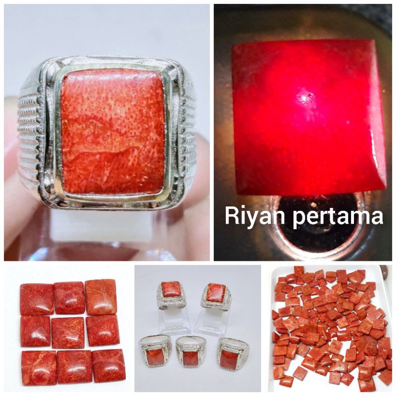 Cincin batu red marjan coral kotak dan lostone red marjan coral