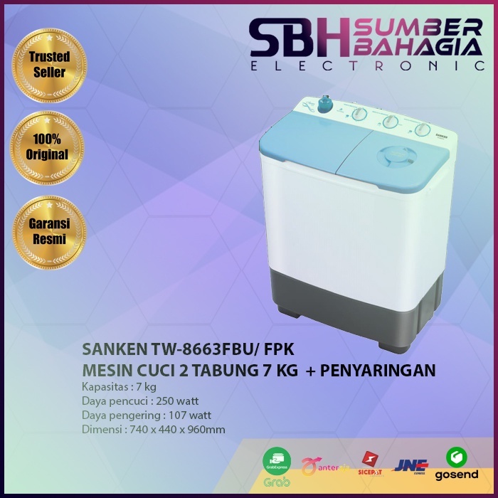 SANKEN TW-8663FBU/ FPK MESIN CUCI 2 TABUNG 7 KG + PENYARINGAN (NEW) (KHUSUS BANDUNG)