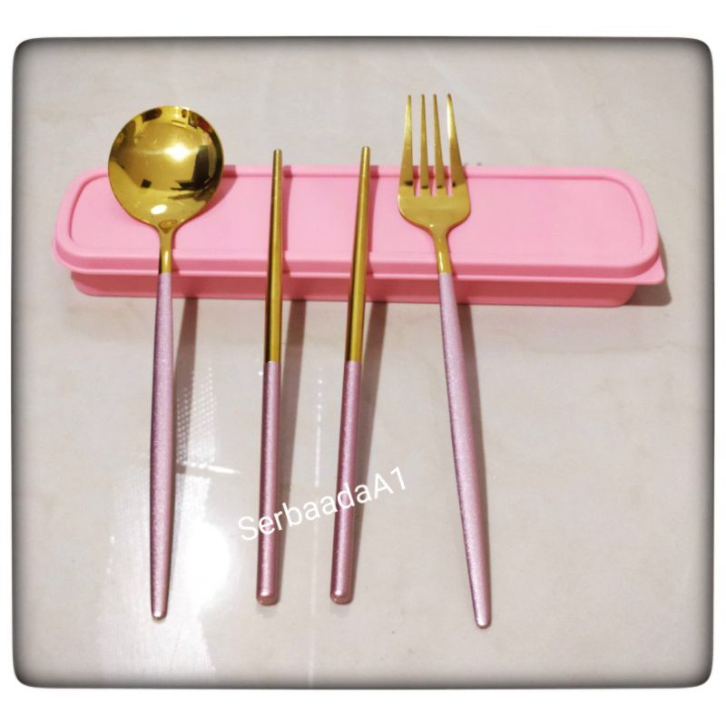 A1 1Set Alat Makan Stainless Ala Korea Lengkap Box Terdiri 1pcs Sendok 1Pcs Garpu Dan 1pasang Sumpit