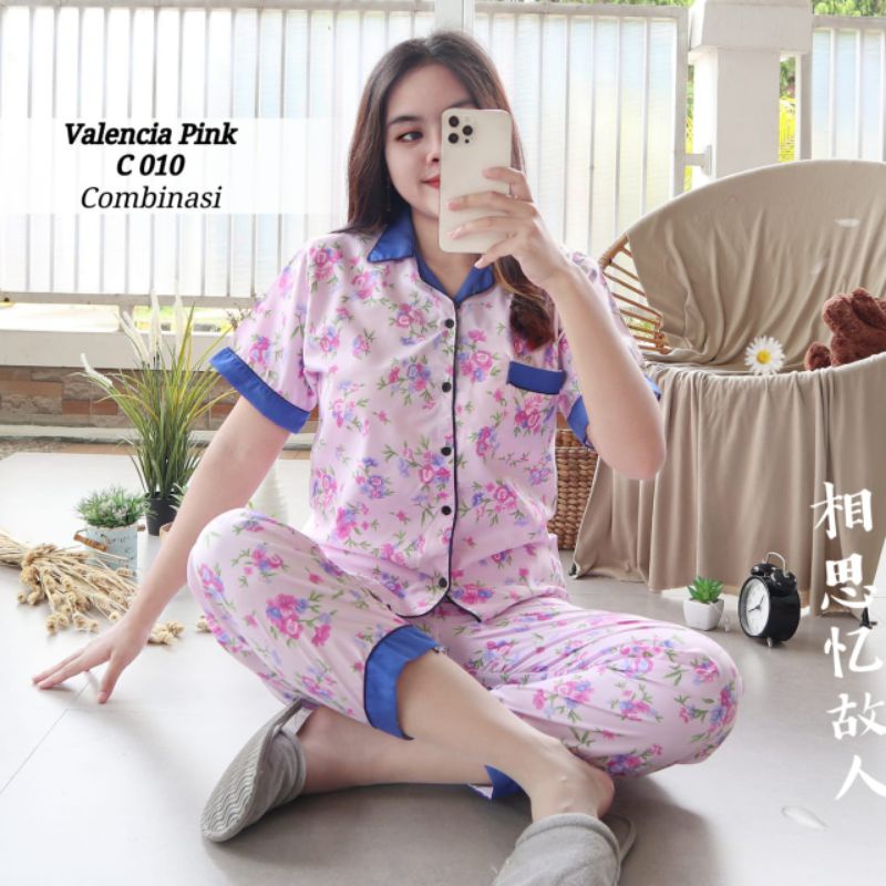 Baju Tidur Piyama Wanita Dewasa Piyama Baju Santai Motif Bunga-Valencia pink biru