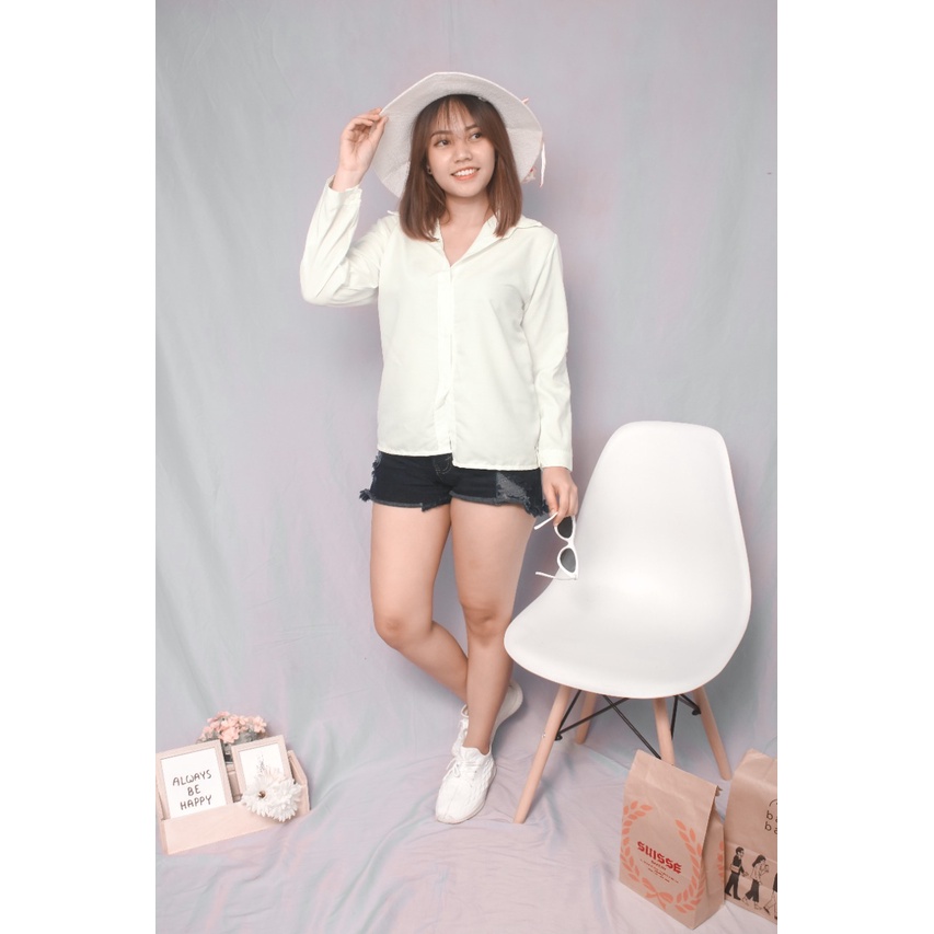 RX Fashion - KEMEJA AUREL / KEMEJA BASIC Wanita Polos lengan panjang Tangan Skoder / Lumina Basic / Kemeja Dian / Kemeja Polos /  -R3-putih/bw