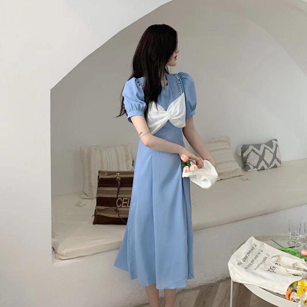 [littlecrab] Dress Pita Putih Biru Langit Hitam Long Dress With Pearl And Ribbon Simple Elegan Gaun Wanita Panjang Lengan Pendek Berkualitas Korean Style