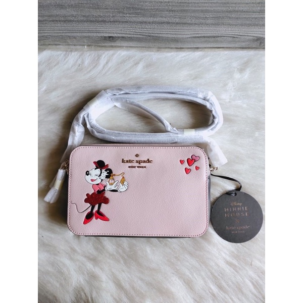 Kate Spade Disney Minnie double zip crossbody bag palevellum pink