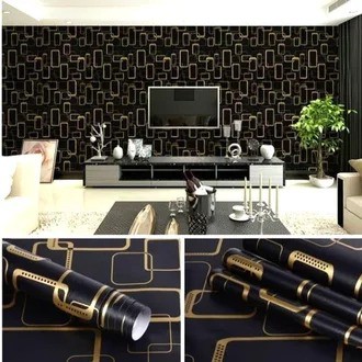 Wallpaper Dinding Motif Persegi Black Gold 5080-1 / BOBI Wallpaper PVC ± 10 meter x 45 cm