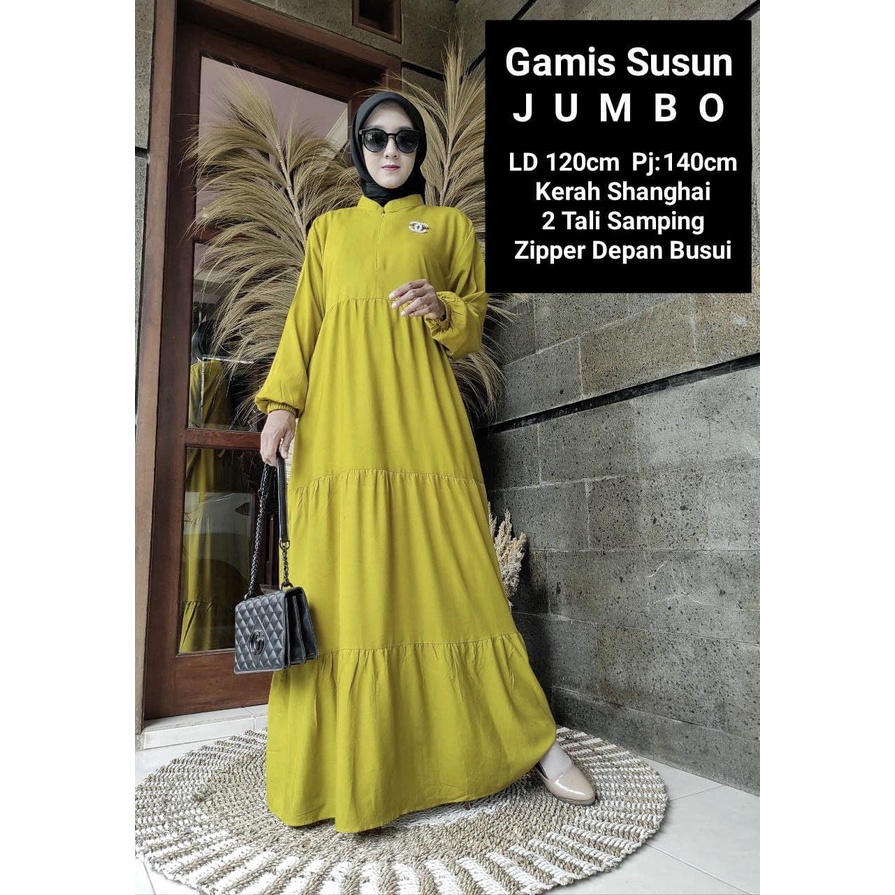 Gamis Susun Jumbo Polos Rayon Premium Dress Wanita Lengan Panjang Longdress Plain Bigsize LD 120 cm