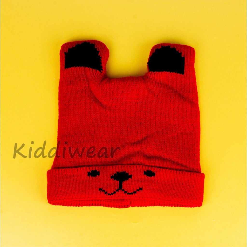 (Kiddiwear) TOPI RAJUT ANAK 1-3 tahun laki -laki dan perempuan Kupluk Motif Anjing TP2-merah