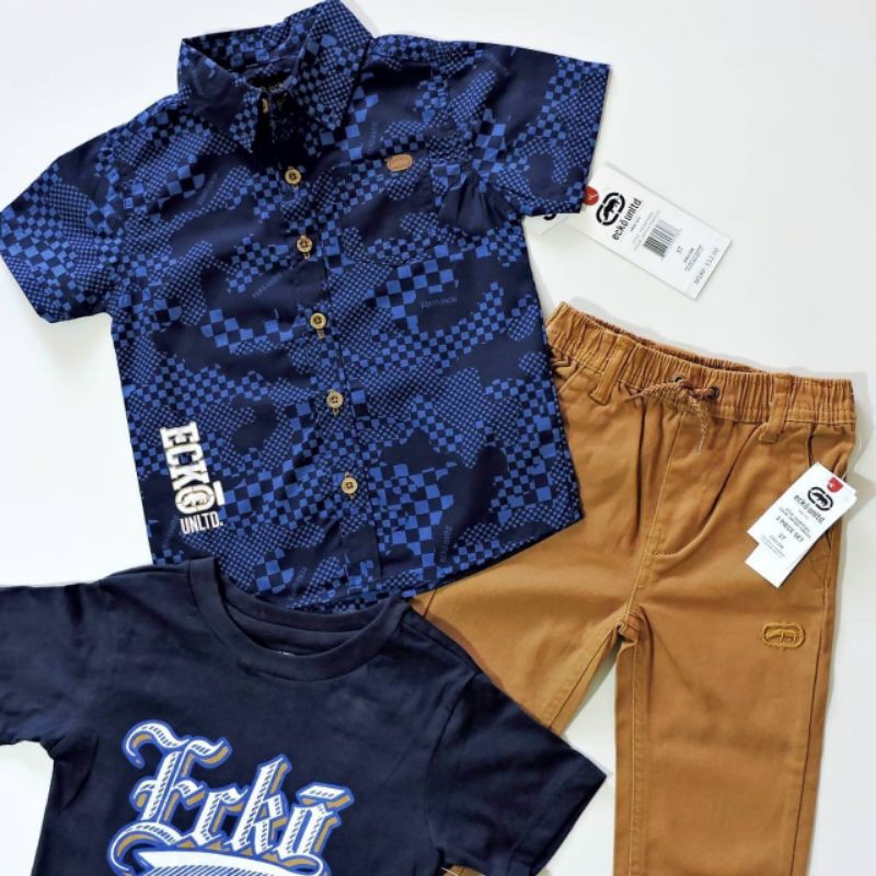 SETELAN ANAK LAKI LAKI 3PCS ORIGINAL ECKO IMPORT BRANDED KEMEJA CELANA CHINOS DAN KAOS TSHIRT PREMIUM BAJU LEBARAN