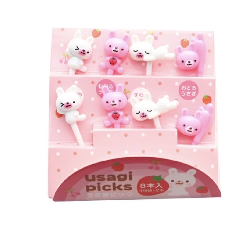 Garpu Buah Mini Set Kartun Pink Bunny - Garpu Bento Buah Motif Animal Pink Bunny