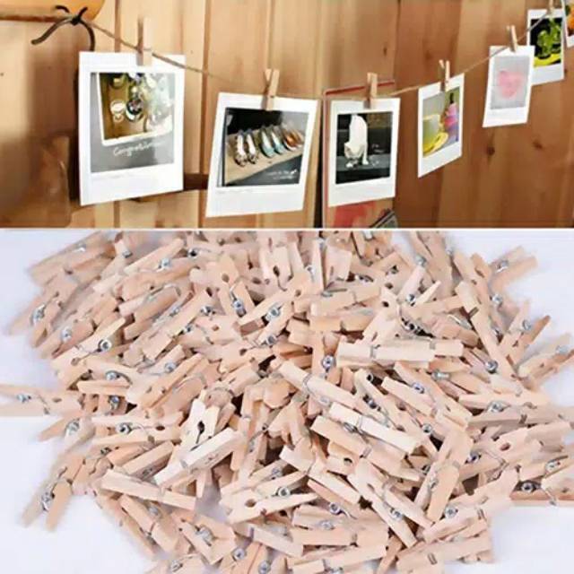 Foto Klip / Klip Foto / Jepitan Foto Kayu / Wooden Photo Clip Polos Isi 20 + Tali