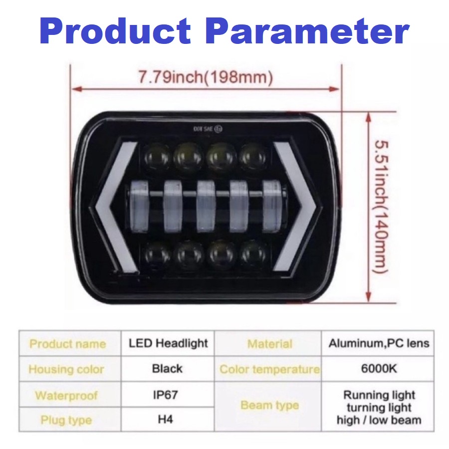 Lampu Utama LED DOT SAE Daymaker 13 Mata Kotak 7 Inchi Inci Mobil Motor 70 Watt 70W Pick Up 7K1