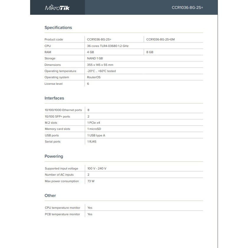 MikroTik CCR 1036 8G 2S+ CCR1036-8G-2S+