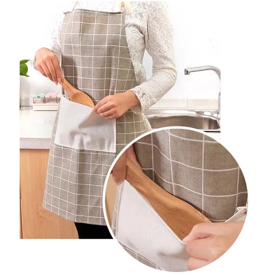 Celemek Dapur Apron Masak Apron Premium Japanese Style / CELEMEK MASAK DENGAN BAHAN KATUN LINEN DAN MOTIF KOTAK-KOTAK | CELEMEK APRON MASAK