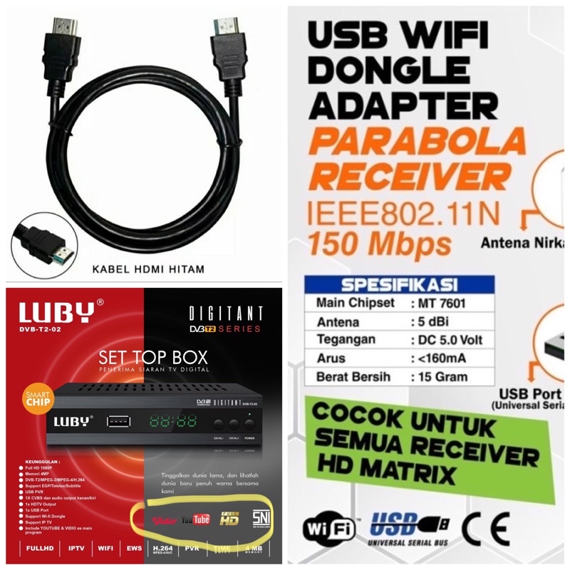 PAKET Luby Set Top Box DVBT2/C Receiver TV STB Digital DVB T2-01 dan DVB T2-02 FREE DONGLE + CABEL HDMI MANTAP