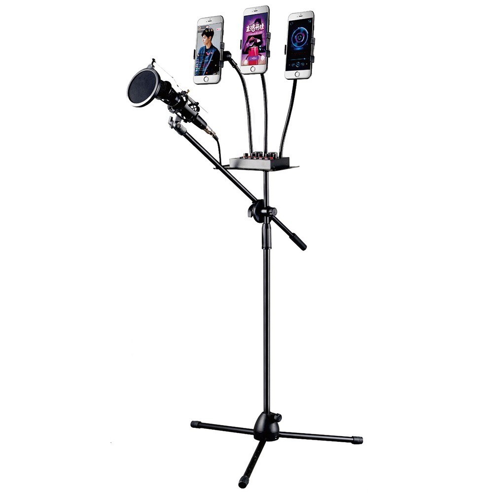 Grab Medan Stand Mic Microphone Standing Holder Tripod with 3 x Smartphone Holder NB-04P