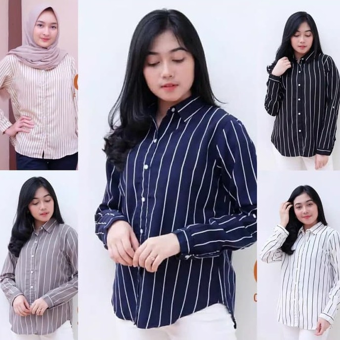 Atasan Kemeja Wanita Lengan Panjang Terbaru Monalisa Motif Garis Salur FIA.Collection-Putih