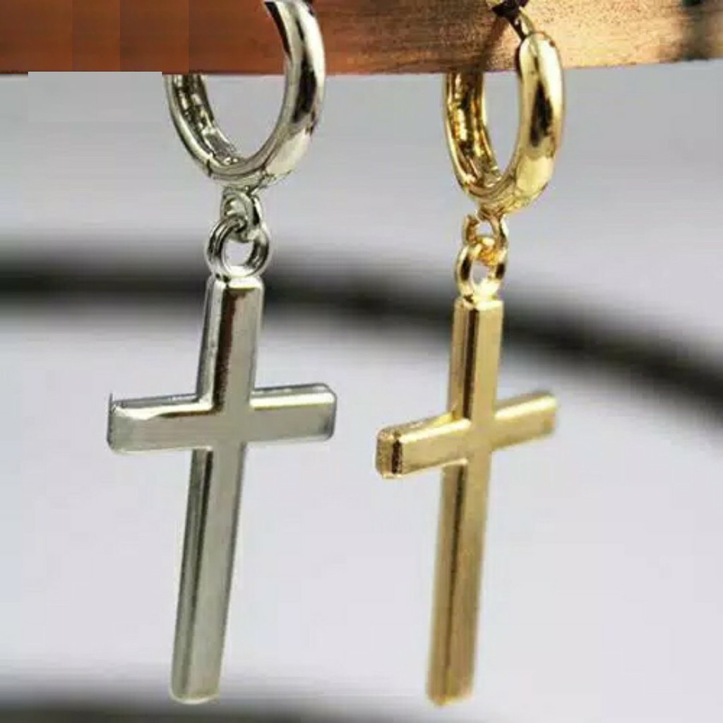 Anting Salib Menjuntai Hoop Earring Cross Dua Warna