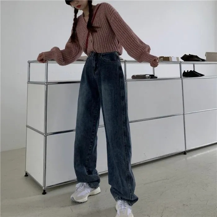 Korean New Women's Loose High Waist Wide Leg Jeans