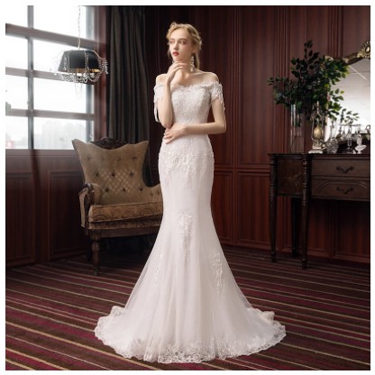 Wedding dress mermaid ekor pendek off shoulders