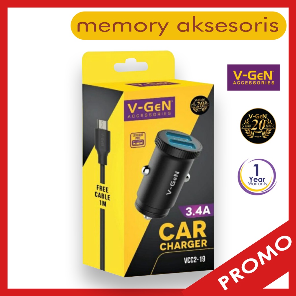 Car Charger V-GeN VCC2-19 3.4A Dual Port LED USB Charger Mobil