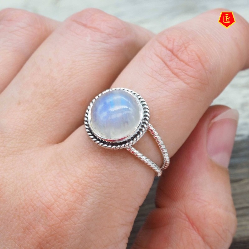 [Ready Stock]Round Moonstone Ring Vintage Silver Exaggerated Punk