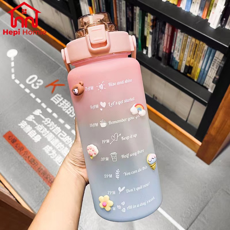 [HH] BOTOL MINUM KOREA JUMBO PELANGI 2 LITER VIRAL THUMBLER GRADIASI TANDA WAKTU MOTIVASI / WATER BOTTLE 2L FREE 2D &amp; 3D STICKER