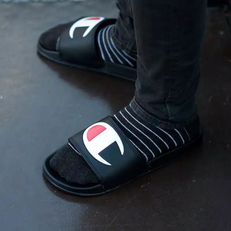 Sandal Slide Champion | Pria Wanita | Sandal Slop Cowo Cewe | Sendal Slop | Sandal-Hitam C