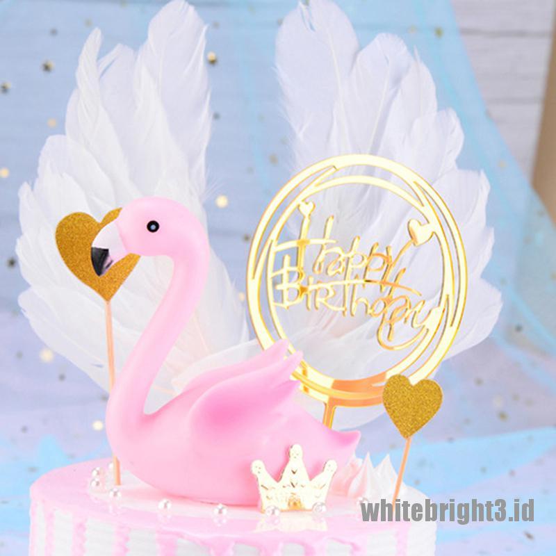 (white3) Topper Kue Bentuk Flamingo Pink Untuk Dekorasi Pernikahan / Ulang Tahun