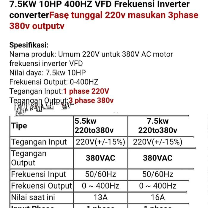 VFD Inverter 7.5KW 10Hp, input 220V 1 Phase dan Output 380V 3 phase