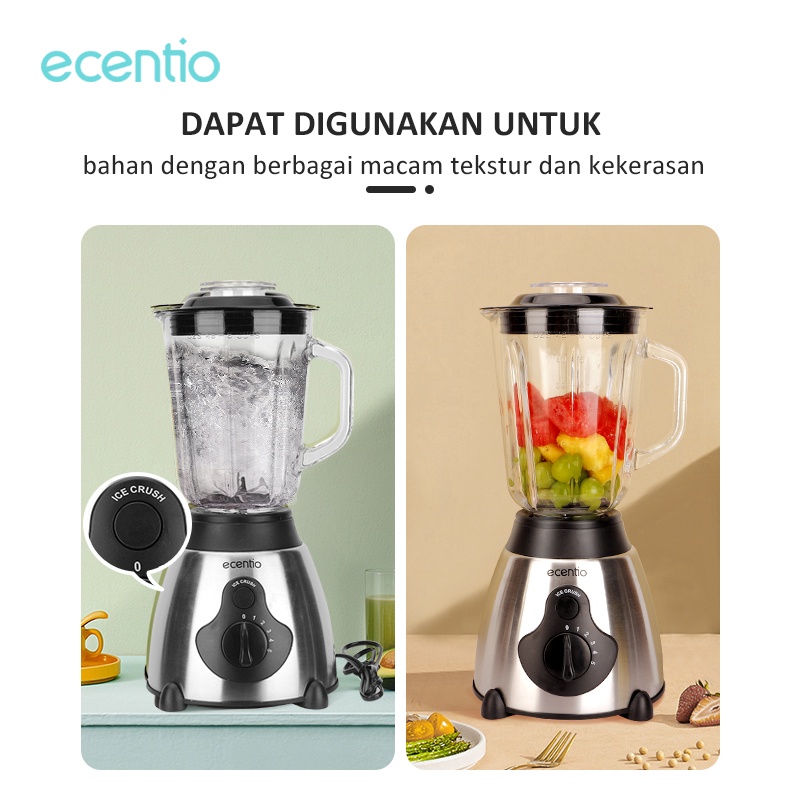 ecentio Blender 1.8L Stainless Gelas Kaca Tebal Rakii - Blender kaca 3 in 1 Stainless High Speed - Blender Import 6 pisau Multifungsi juicer elektrik cangkir 1500ml+300ml