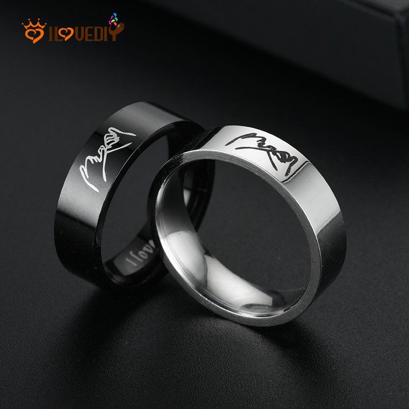 Cincin Pasangan Desain Tangan I Love You Bahan Stainless Steel Untuk Unisex