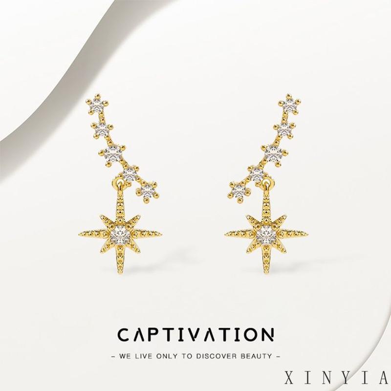 【COD】Anting Bentuk Bintang Hexagram Aksen Kristal Warna Emas Untuk Wanita