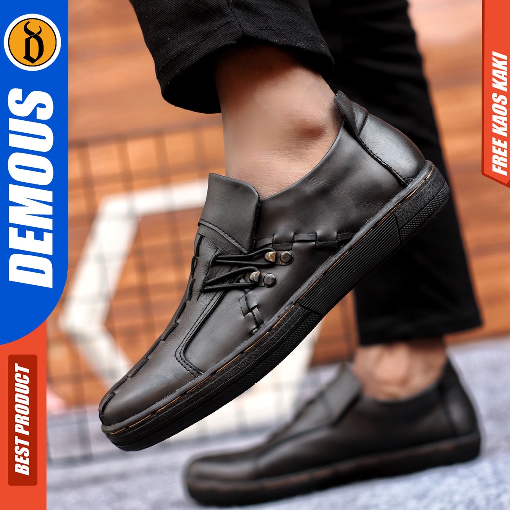 Sepatu Sneakers Pria Sepatu Casual Pria Kulit Asli Sepatu Kerja Kuliah Kondangan Sepatu Hitam Pria DEMOUS JACK