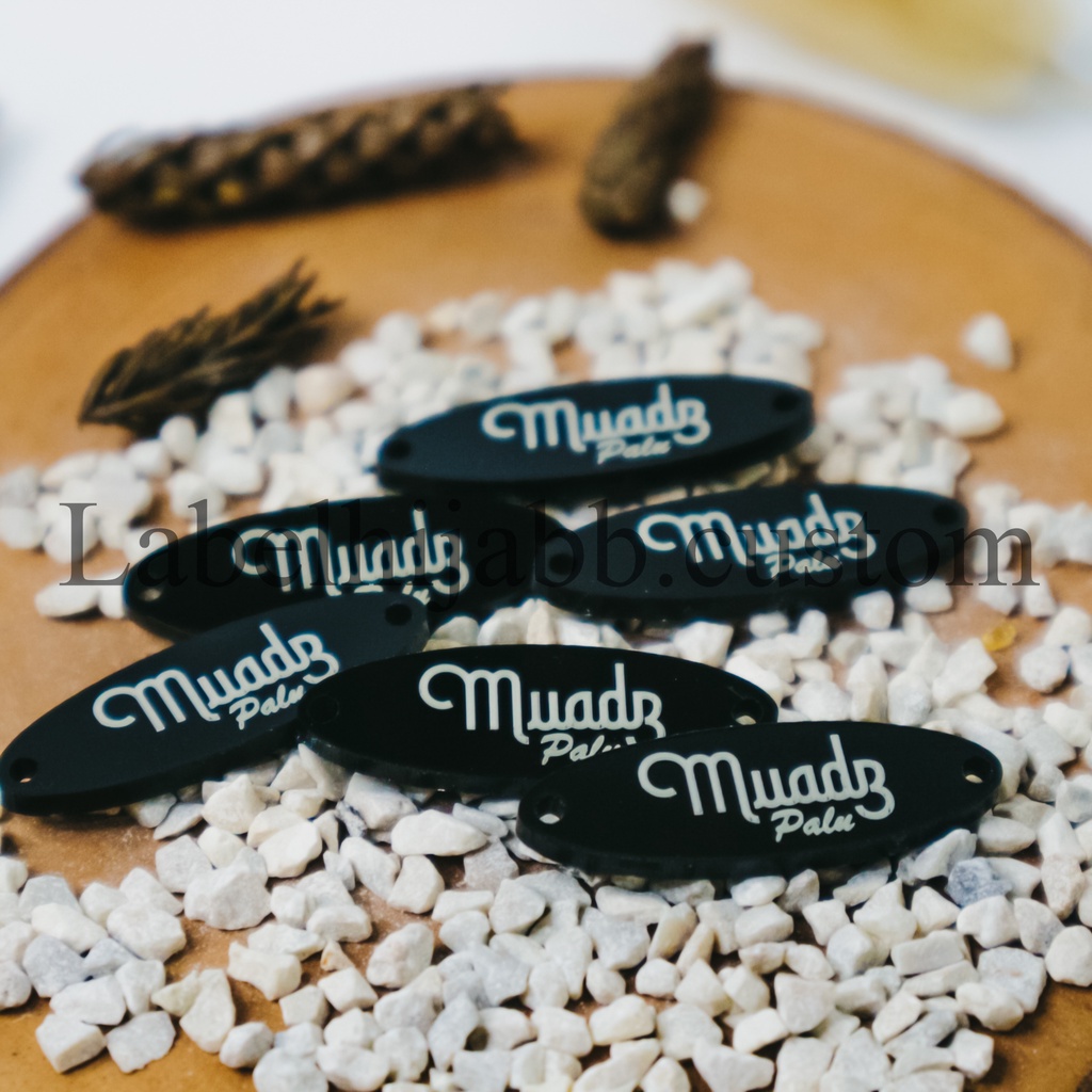 

label hijab | label baju | label akrilik | custom label | label jilbab | label cutting | label Oval