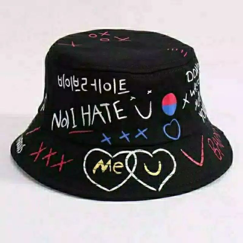 Topi badas bucket/ Wanita Motif Graffiti Gaya Korea Untuk Pasangan-Kpop Topi Bucket AksesorisFashion